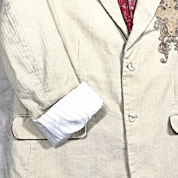 Franky Max Men's Corduroy Sport Coat L Khaki Embroidered Embellished  Motto READ - Picture 3 of 16